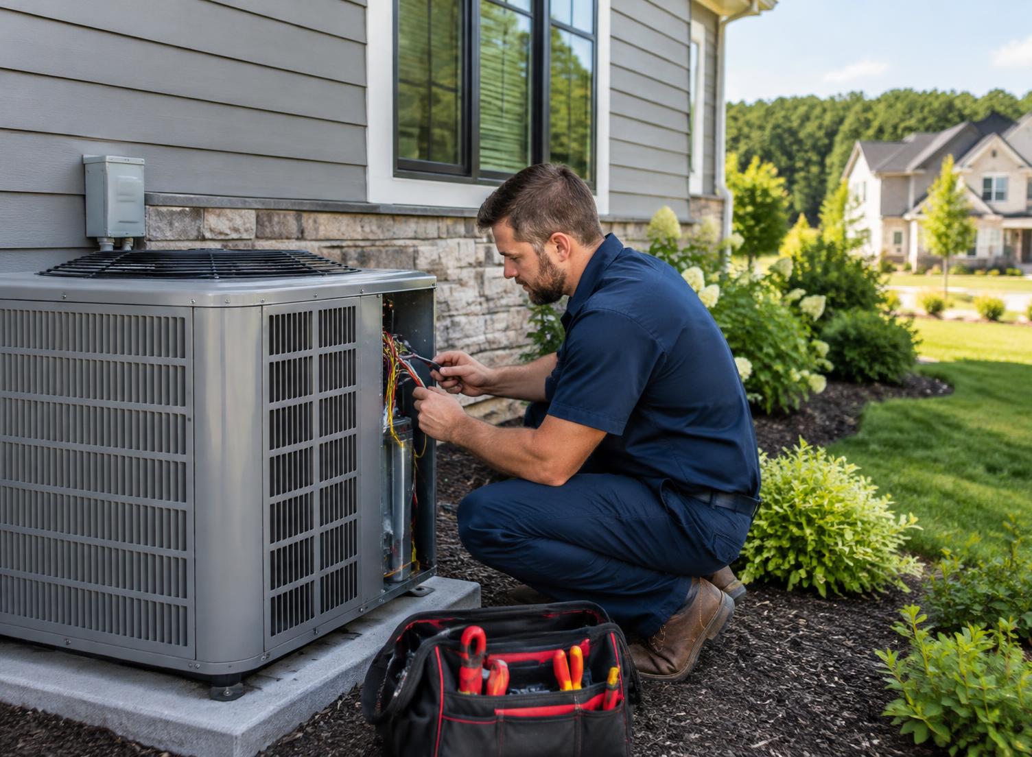 Professional HVAC technician servicing a residential air conditioning system