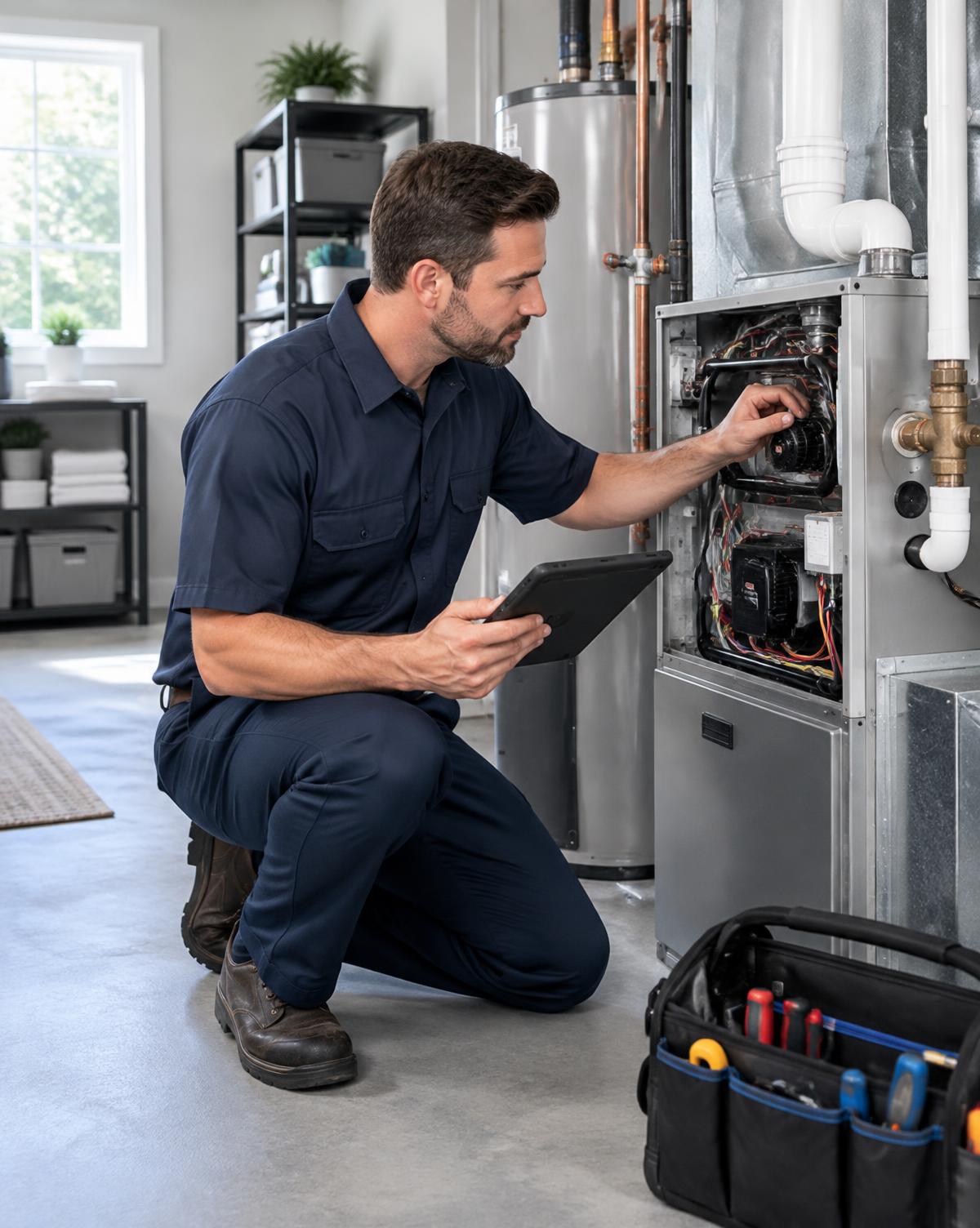 Professional HVAC technician servicing a furnace in a clean residential home