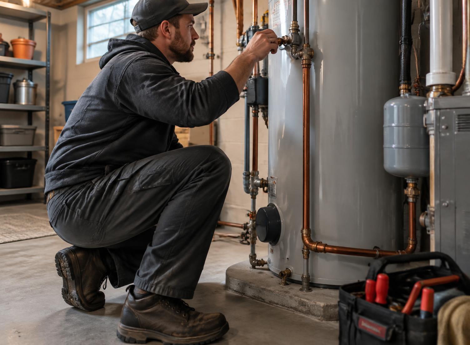 A technician servicing a residential water heater